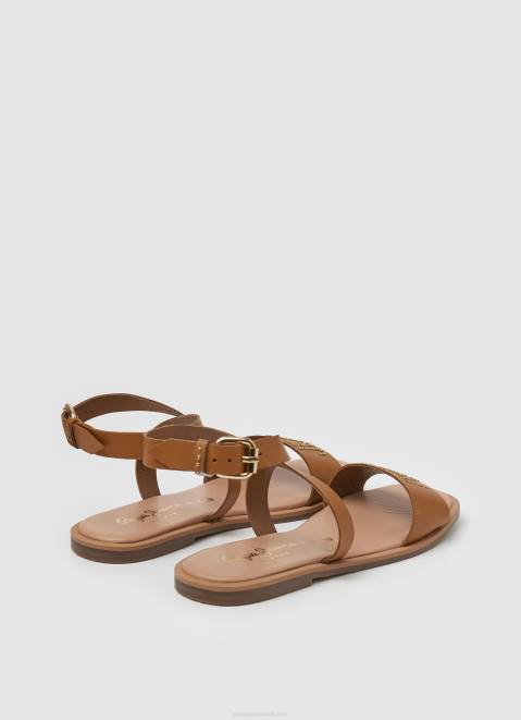 Pepe Jeans Irma Log Flat Leather Sandals Women Tan Z22X660